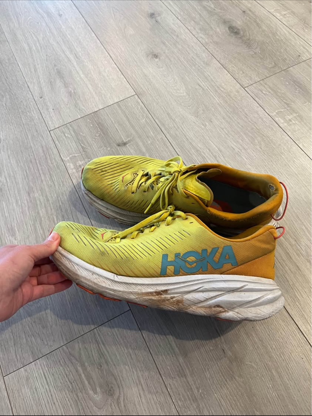 Hoka Yellow Running Shoes With Teal Logo